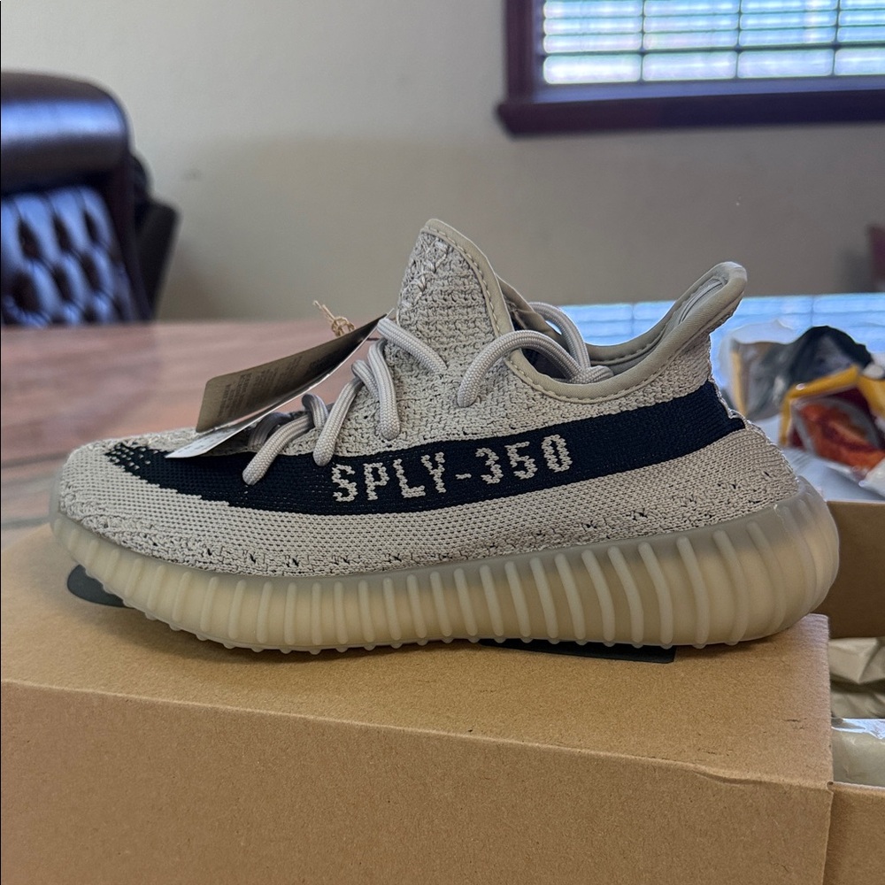 Brand New Yeezy Kids Beige Knit Sneaker with Black Stripe
